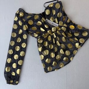 Reveuse Womens One Shoulder Peplum Top Black Gold Polka Dot Small NWT